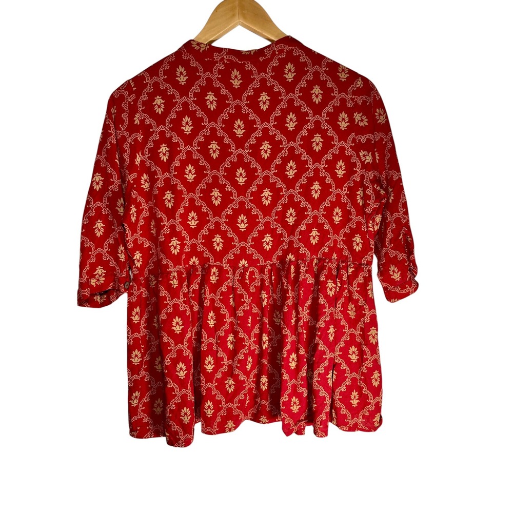 Shae by Sassafras Large Boho Peplum Blouse Red Gold Block Print Rayon Button Top - Picture 3 of 10